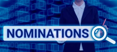 Hand writing sign Nominations, Business idea the act of officially suggesting someone for a job or position