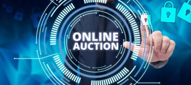 Sign displaying Online Auction, Concept meaning process of buying and selling goods or services online