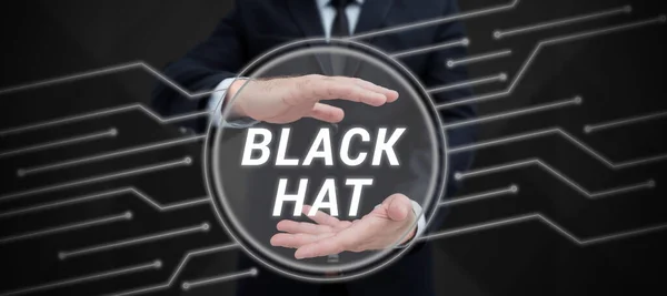 Text caption presenting Black Hat, Internet Concept used in reference to a bad person especially a villain or criminal