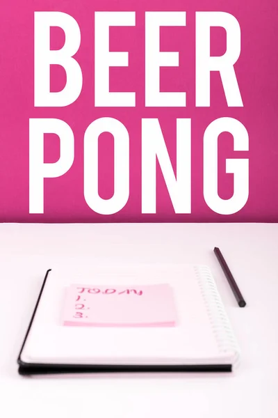 Text caption presenting Beer Pong, Business overview a game with a set of beer-containing cups and bouncing or tossing a Ping-Pong ball