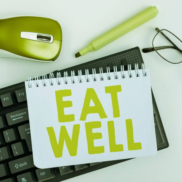 Text caption presenting Eat Well, Business idea Practice of eating only foods that are whole and not processed