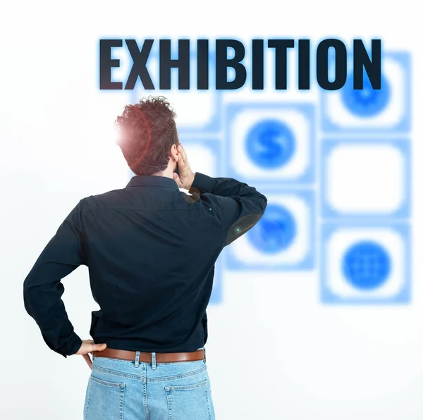 Text caption presenting Exhibition, Business showcase and act of exposing something to audience, showing