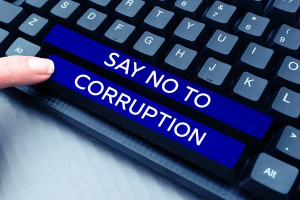 Handstilstext Säg Nej Till Korruption Affärsidé Införa Decentraliserat Utbyte Pengar — Stockfoto