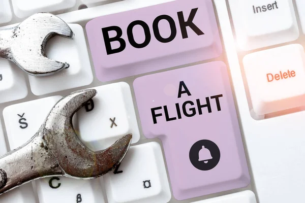 Text Caption Presenting Book Flight Internet Concept Purchase Tickets Make — Foto de Stock