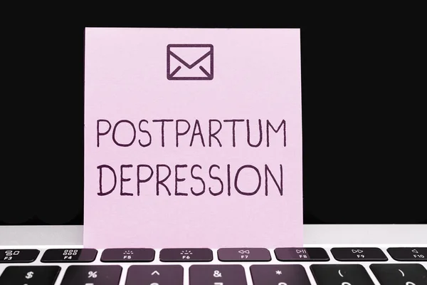 Text caption presenting Postpartum Depression, Word Written on a mood disorder involving intense depression after giving birth
