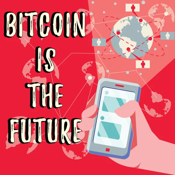 Hand Writing Sign Bitcoin Future Internet Concept Digital Marketplace Traders — Foto de Stock
