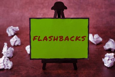 Sign displaying Flashbacks, Business showcase interruption of chronological sequence by interjection of events of earlier occurrence