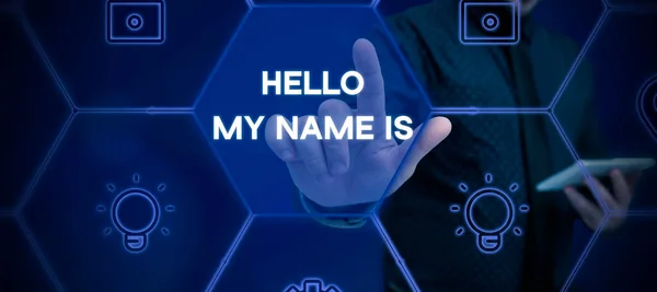 Legenda Texto Que Apresenta Hello Name Conceito Que Significa Apresentar — Fotografia de Stock