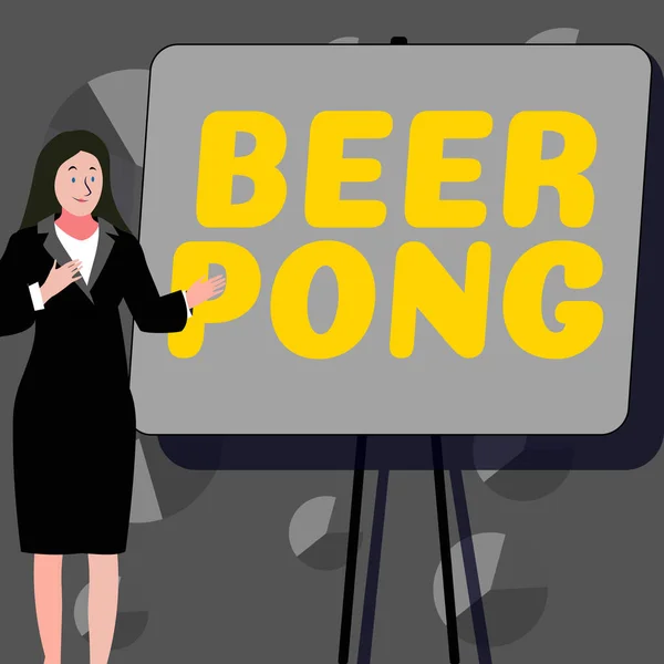 Sign displaying Beer Pong, Business showcase a game with a set of beer-containing cups and bouncing or tossing a Ping-Pong ball