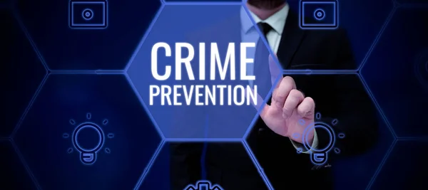 Znak Tekstowy Pokazujący Zapobieganie Przestępczości Pomysł Biznes Działania Federalne Nielegalne — Zdjęcie stockowe