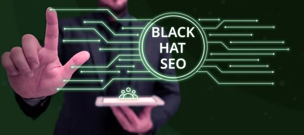 Text Caption Presenting Black Hat Seo Word Search Engine Optimization — Fotografia de Stock