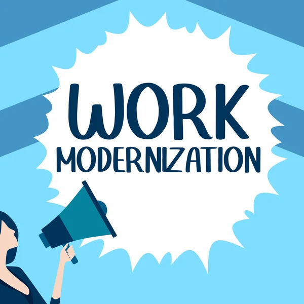 Znak Tekstowy Pokazujący Modernizację Pracy Koncepcja Biznesowa Zmieniająca Usługę Produktową — Zdjęcie stockowe