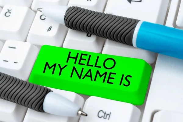 Sign Displaying Hello Name Business Overview Introducing Yourself Νέα Άτομα — Φωτογραφία Αρχείου
