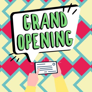 Hand writing sign Grand Opening, Word Written on Ribbon Cutting New Business First Official Day Launching
