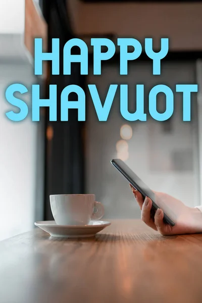 Writing displaying text Happy Shavuot, Business approach Jewish holiday commemorating of the revelation of the Ten Commandments