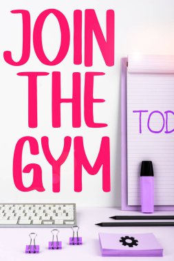 Text caption presenting Join The Gym, Business overview Motivation to start working out making exercises fitness