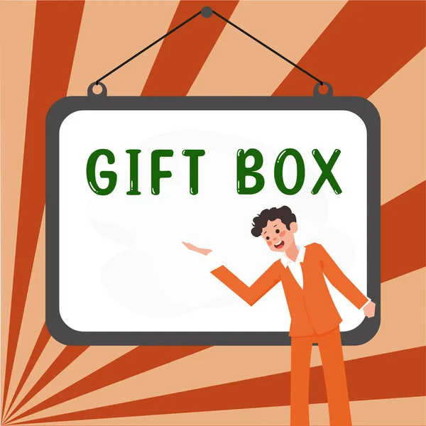 Znak Tekstowy Pokazujący Gift Box Business Showcase Mały Pojemnik Monety — Zdjęcie stockowe