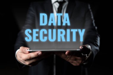 Text caption presenting Data Security, Concept meaning Confidentiality Disk Encryption Backups Password Shielding