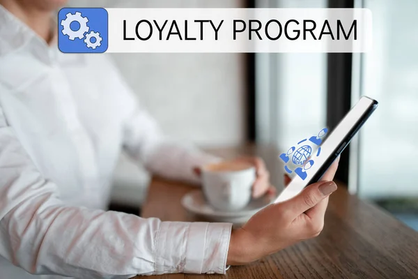 Writing displaying text Loyalty Program, Business approach marketing effort that provide incentives to repeat customers