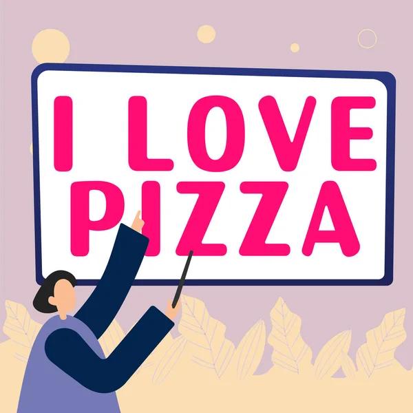 私はピザを愛していることを示すテキスト記号 インターネットの概念スライスでチーズハムペパロニと多くのイタリア料理を好きに — ストック写真