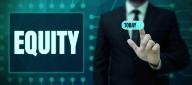 Conceptual display Equity, Business concept quality of being fair and impartial race free One hand Unity