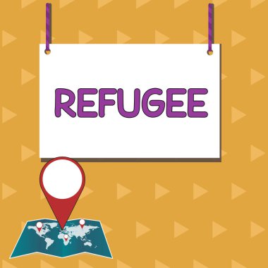 Mülteci ve iş yaklaşımını gösteren metin işareti, yerlerinden edilen büyük grupların hareketlerine işaret ediyor