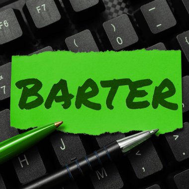 Takas sunan metin başlığı, bir ürünü başka bir mal veya hizmetle takas ederek kavramsal fotoğraf ticareti