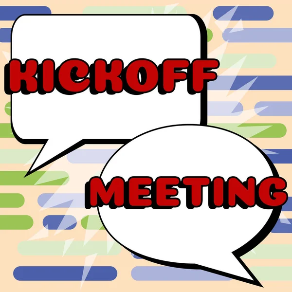 Sinal Texto Mostrando Kickoff Meeting Conceito Negócio Discussão Especial Sobre — Fotografia de Stock