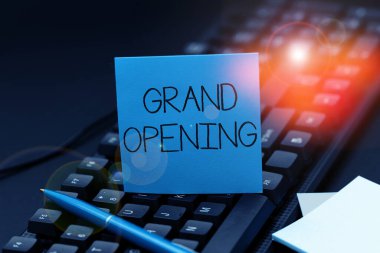 Kavramsal başlık Büyük Açılış, İş Gösterisi Kurdelesi Yeni İşletme İlk Resmi Günü Açılışı