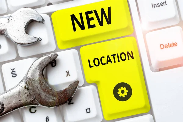 Text Sign Showing New Location Business Approach Get Located New — Foto de Stock