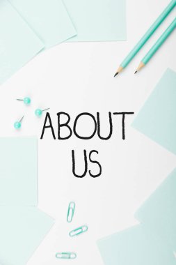 Text showing inspiration About Us, Word for to introduce who or what something relates to or concerns