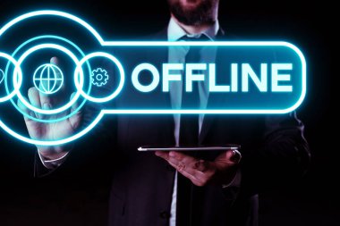 Conceptual caption Offline, Internet Concept Not having directly connected to a computer or external network
