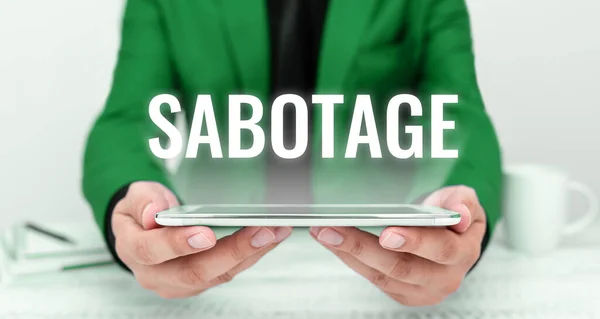 Text Caption Presenting Sabotage Business Overview Destruction Employers Tools Materials — Zdjęcie stockowe