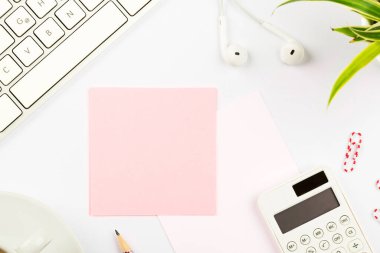 Notebook and Colored Papers Stickers Lying On Desk. Collection Stationery.