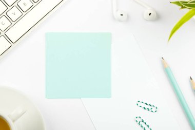 Notebook and Colored Papers Stickers Lying On Desk. Collection Stationery.