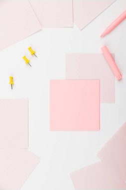 Notebook and Colored Papers Stickers Lying On Desk. Collection Stationery.