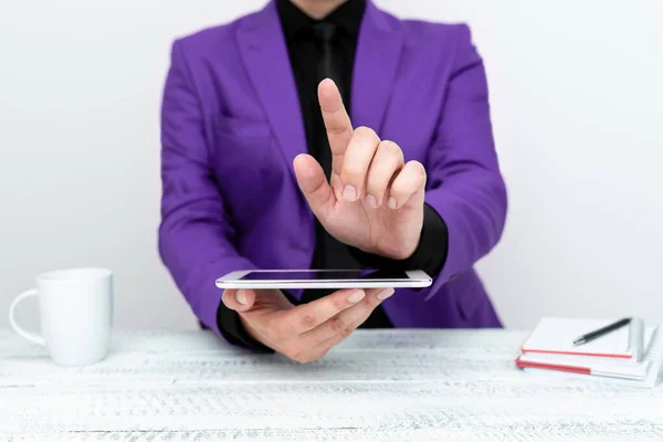 Businessman Purple Jacket Sitting Table Holding Mobile Phone —  Fotos de Stock