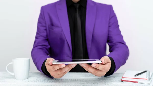 Businessman Purple Jacket Sitting Table Holding Mobile Phone —  Fotos de Stock