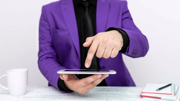 Businessman Purple Jacket Sitting Table Holding Mobile Phone —  Fotos de Stock