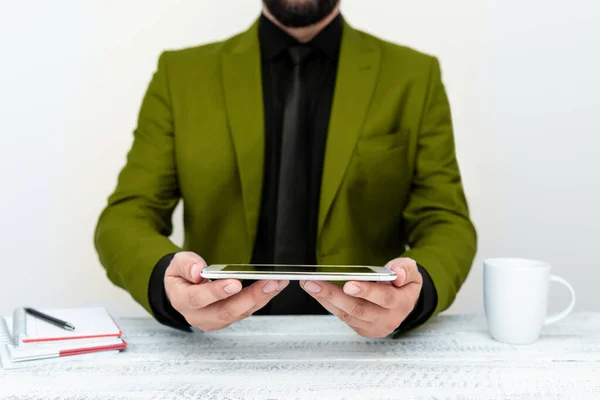 Businessman Green Jacket Sitting Table Holding Mobile Phone — Fotografia de Stock
