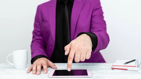 Businessman Sitting Table Pointing One Finger Message — Fotografia de Stock