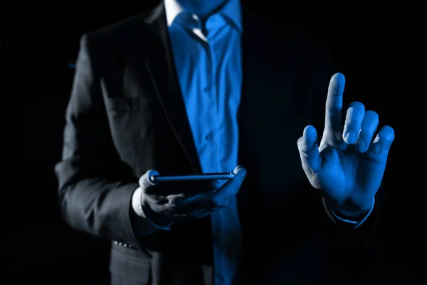 Man Holding Mobile Phone Point Recent Updates One Finger — Stockfoto