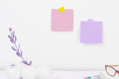 Office Supplies Over Desk. Keyboard and Glasses. Assorted School Utilities