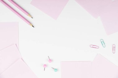 Notebook and Colored Papers Stickers Lying On Desk. Collection Stationery.