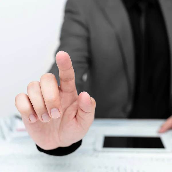 Businessman Sitting Table Pointing One Finger Message — Fotografia de Stock