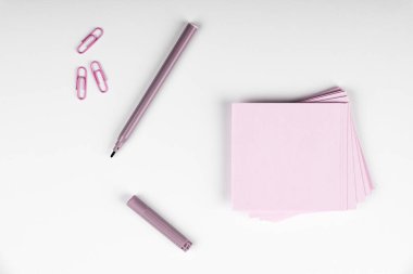 Notebook and Colored Papers Stickers Lying On Desk. Collection Stationery.