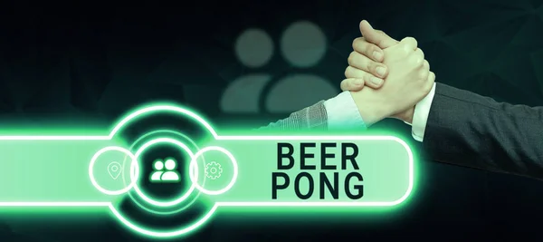 Writing displaying text Beer Pong, Business showcase a game with a set of beer-containing cups and bouncing or tossing a Ping-Pong ball
