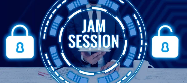 Sign displaying Jam Session, Conceptual photo impromptu performance by a group of musicians