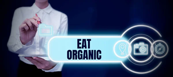 Sinal Texto Mostrando Comer Orgânico Conceito Significado Redução Comer Doces — Fotografia de Stock