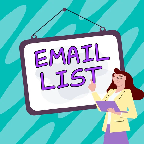 Sign Displaying Email List Business Overview Contacts Information Send Electronic — Zdjęcie stockowe